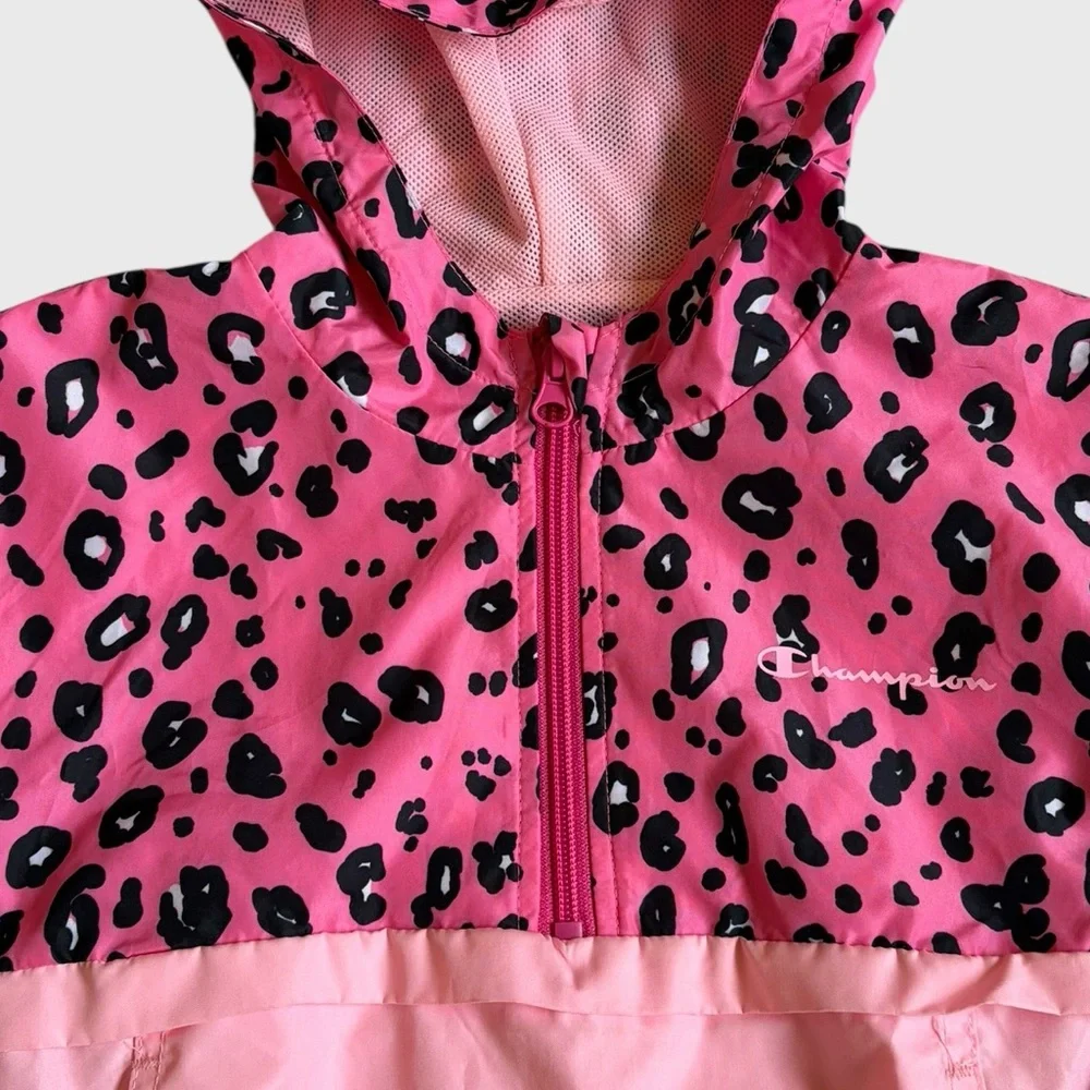 Champion Girls Pink Black Leopard Hooded Windbreaker Jacket Size 4T Lightweight